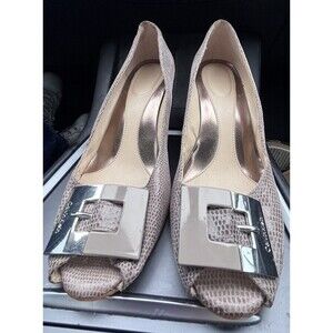 Calvin Klein Women's Size 6 Wedge Pump Animal Print Buckle Peep Toe Beige Taupe